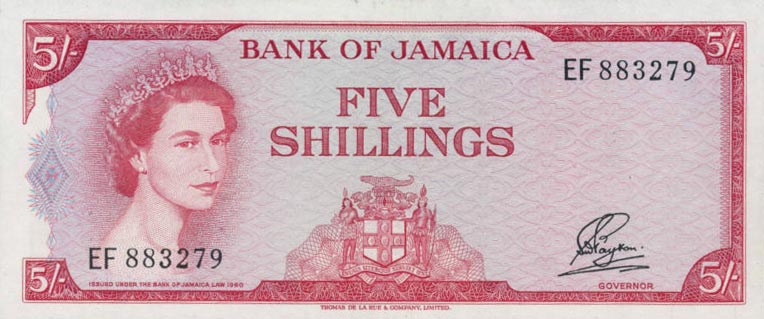 Front of Jamaica p49a: 5 Shillings from 1961