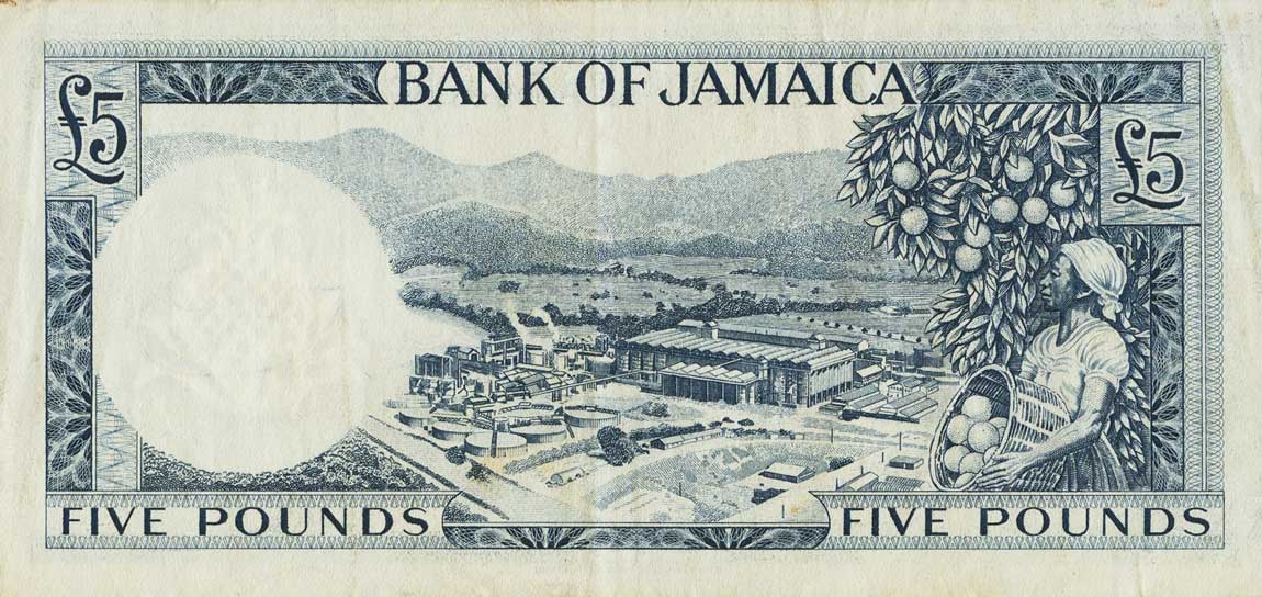 Back of Jamaica p52c: 5 Pounds from 1964