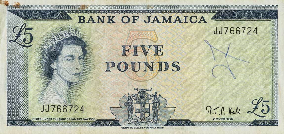 Front of Jamaica p52c: 5 Pounds from 1964