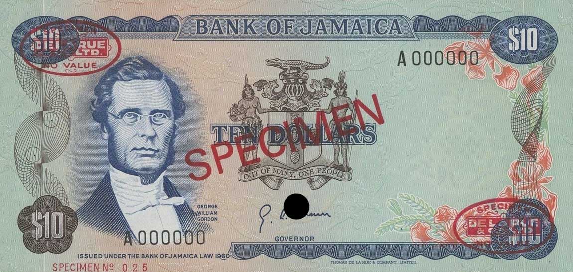 Front of Jamaica p57s: 10 Dollars from 1970