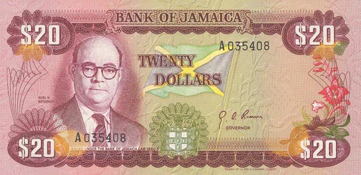 Front of Jamaica p63: 20 Dollars from 1977