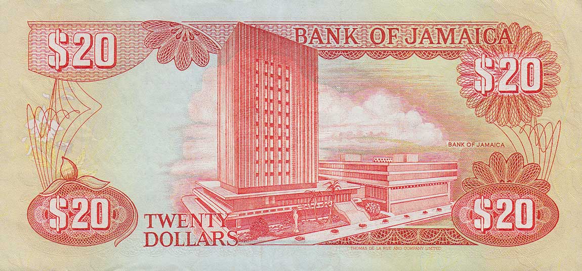 Back of Jamaica p72b: 20 Dollars from 1986