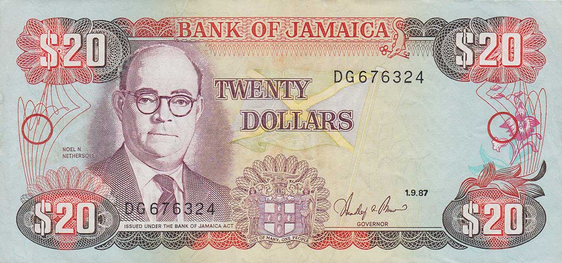 Front of Jamaica p72b: 20 Dollars from 1986