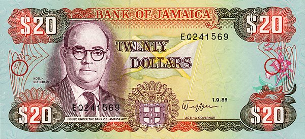 Front of Jamaica p72c: 20 Dollars from 1989