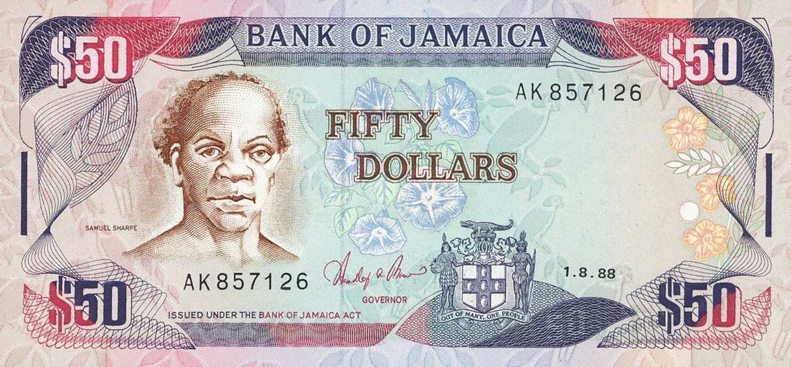 Front of Jamaica p73a: 50 Dollars from 1988