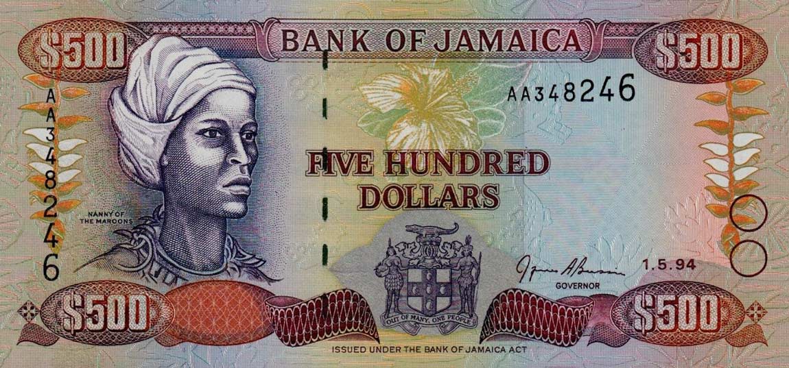 Front of Jamaica p77a: 500 Dollars from 1994