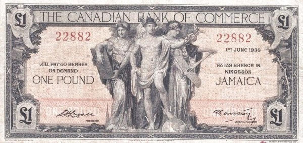Front of Jamaica pS156a: 1 Pound from 1938