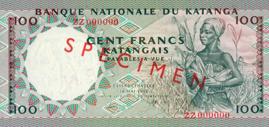Front of Katanga p12s: 100 Francs from 1962