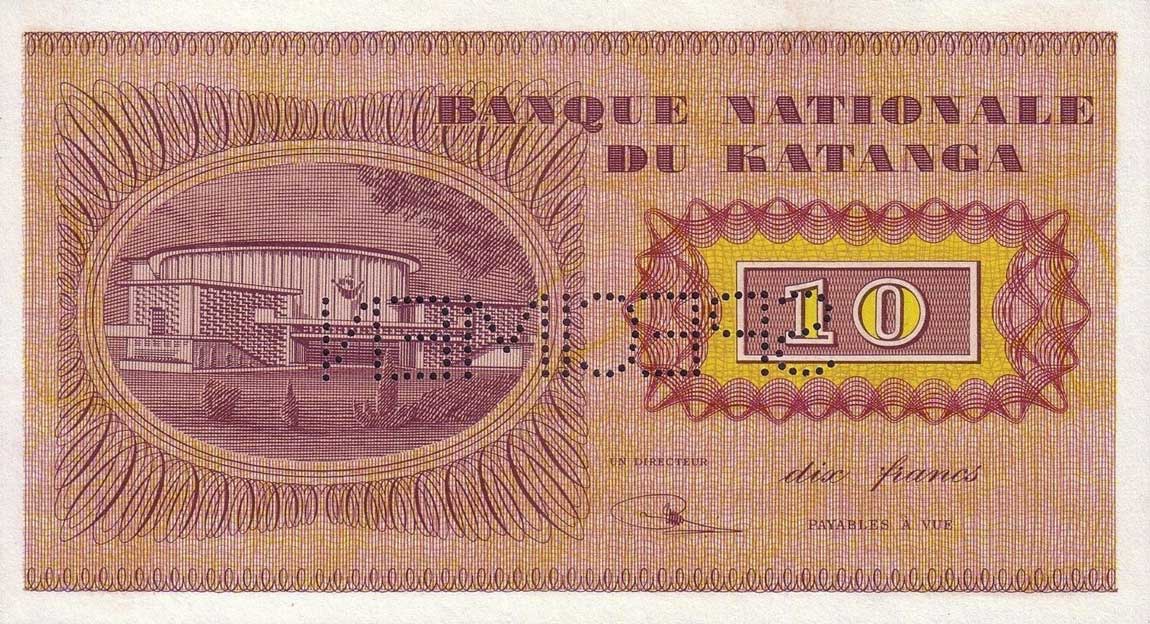 Back of Katanga p5s: 10 Francs from 1960