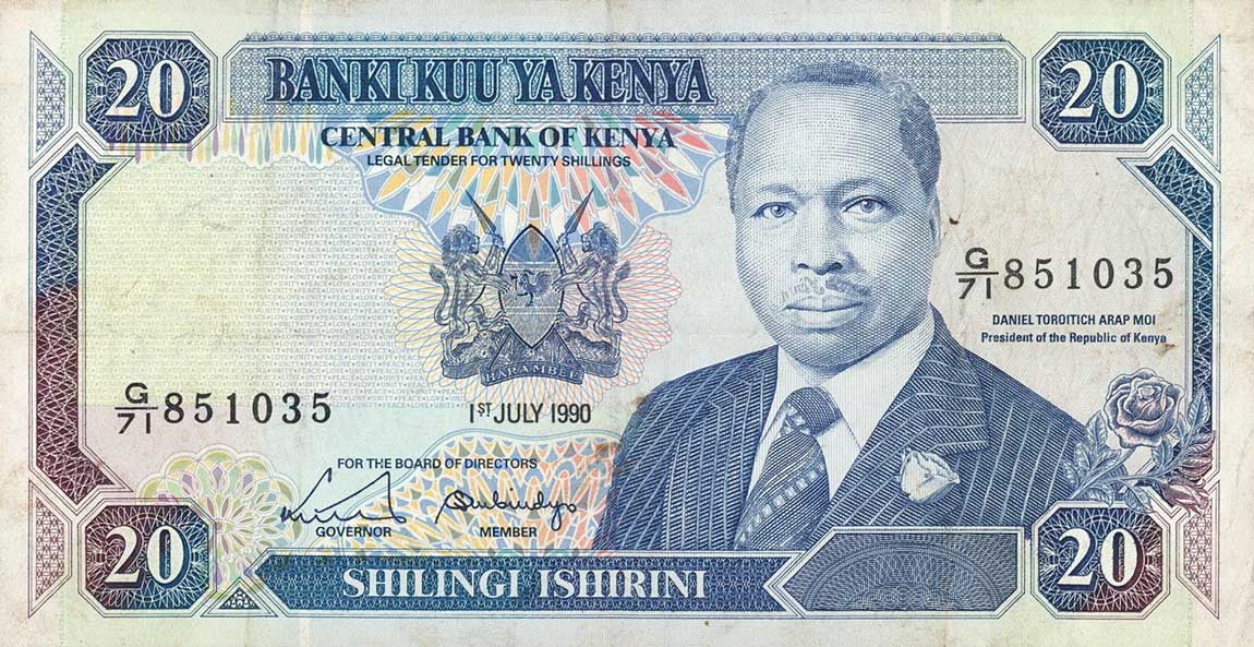 Front of Kenya p25c: 20 Shillings from 1990
