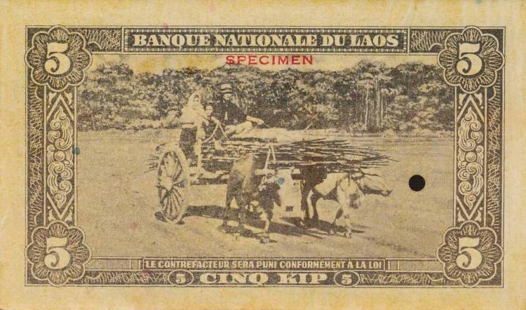 Back of Laos p2s: 5 Kip from 1957