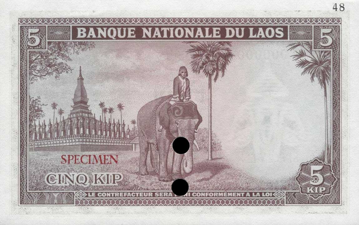 Back of Laos p9ct: 5 Kip from 1962
