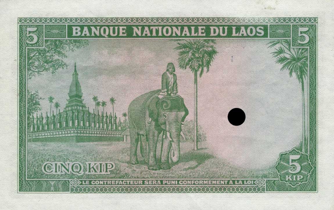 Back of Laos p9s: 5 Kip from 1962