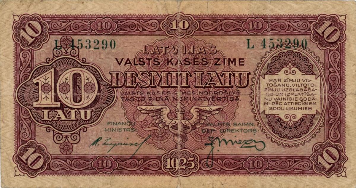 Front of Latvia p24c: 10 Latu from 1925