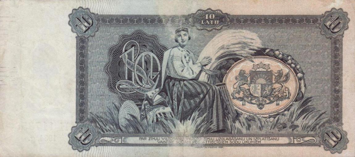 Back of Latvia p25c: 10 Latu from 1934