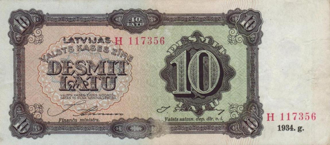 Front of Latvia p25c: 10 Latu from 1934