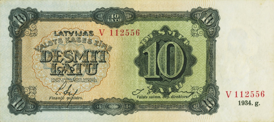 Front of Latvia p25e: 10 Latu from 1934