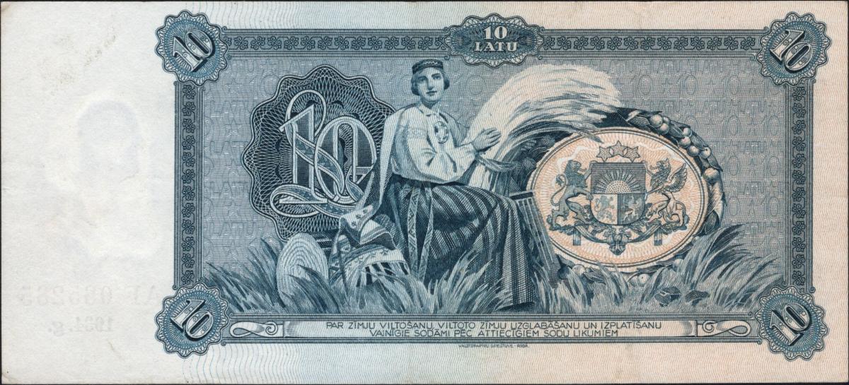 Back of Latvia p25f: 10 Latu from 1934