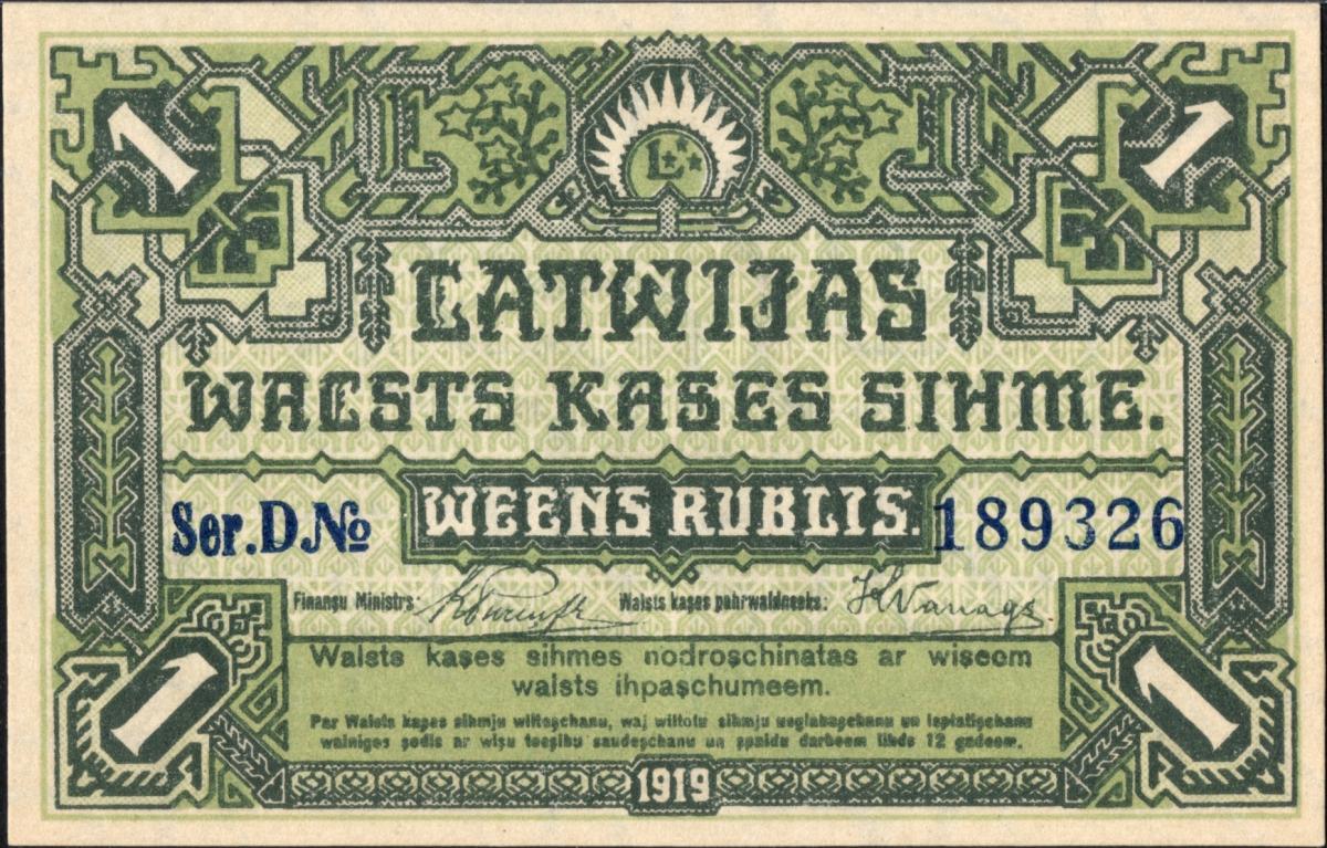 Front of Latvia p2a: 1 Rublis from 1919