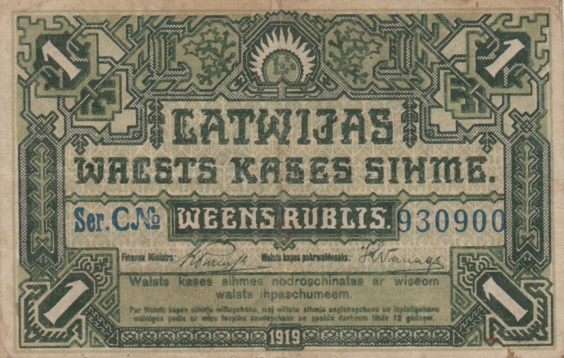 Front of Latvia p2a: 1 Rublis from 1919