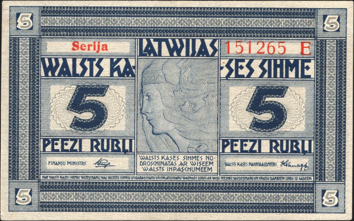 Front of Latvia p3d: 5 Rubli from 1919