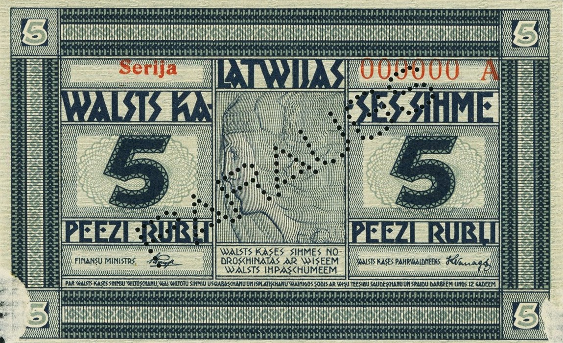Front of Latvia p3s: 5 Rubli from 1919