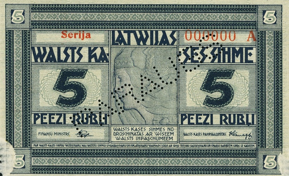 Front of Latvia p3s: 5 Rubli from 1919