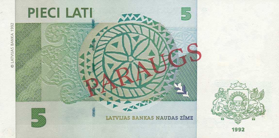 Back of Latvia p43s: 5 Lati from 1992