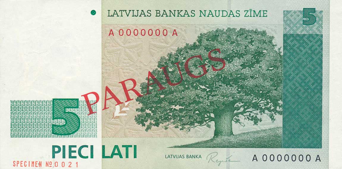 Front of Latvia p43s: 5 Lati from 1992
