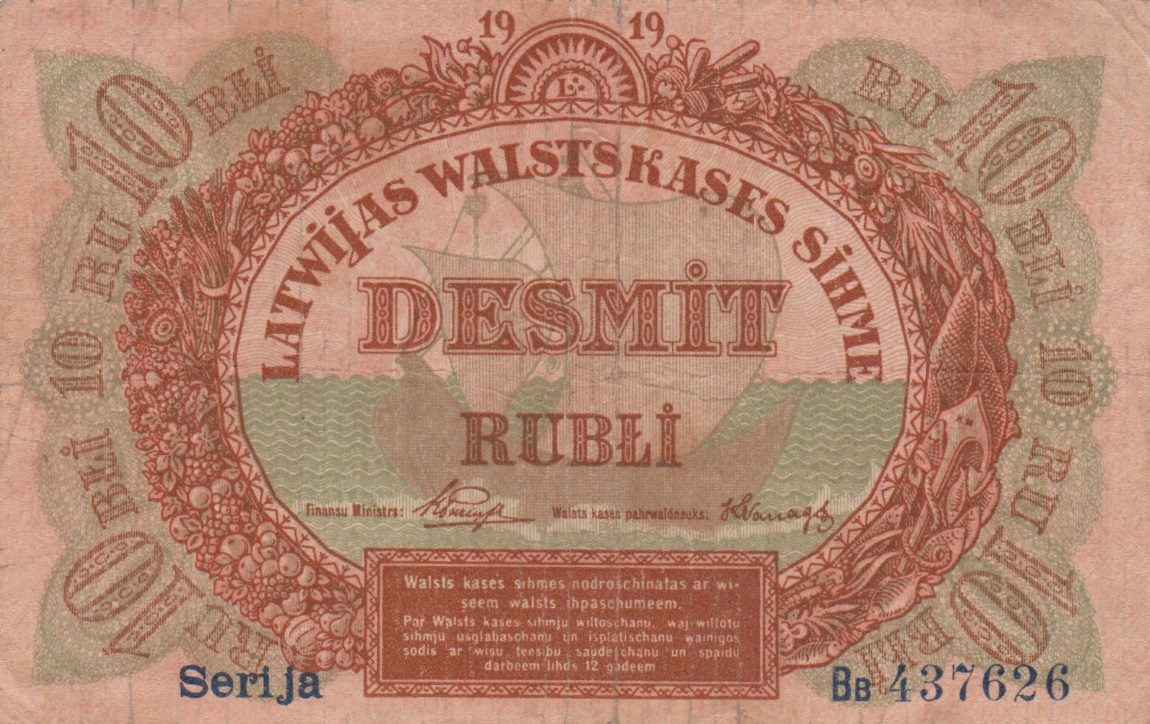 Front of Latvia p4c: 10 Rubli from 1919