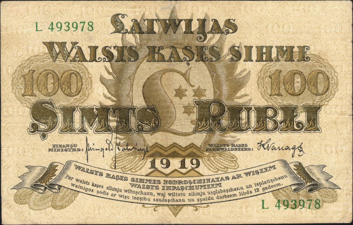 Front of Latvia p7d: 100 Rubli from 1919