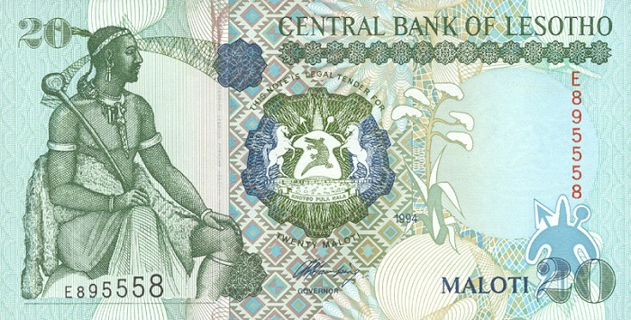 Front of Lesotho p16a: 20 Maloti from 1994