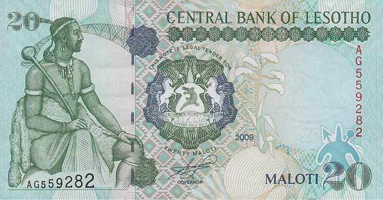 Front of Lesotho p16g: 20 Maloti from 2009