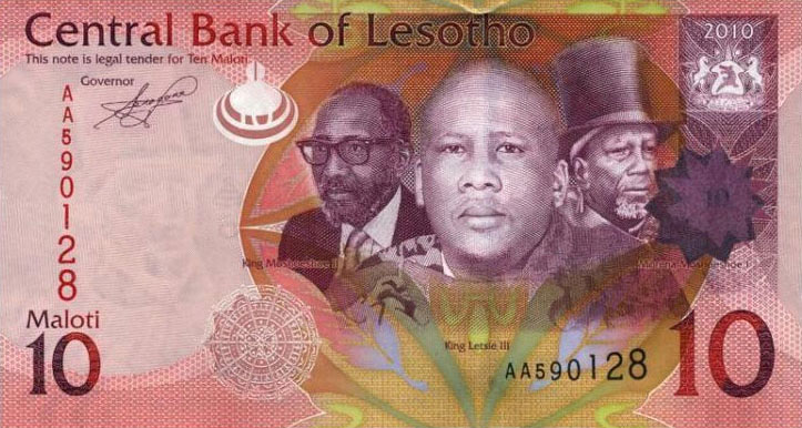 Front of Lesotho p21a: 10 Maloti from 2010