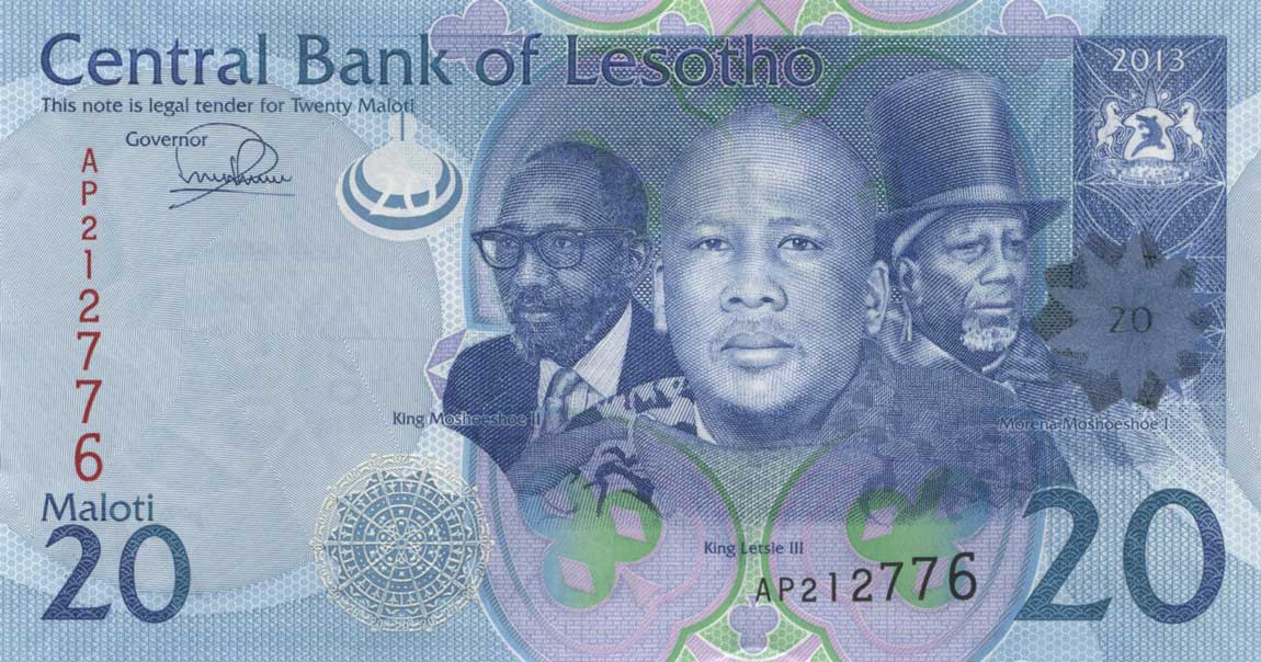 Front of Lesotho p22b: 20 Maloti from 2013