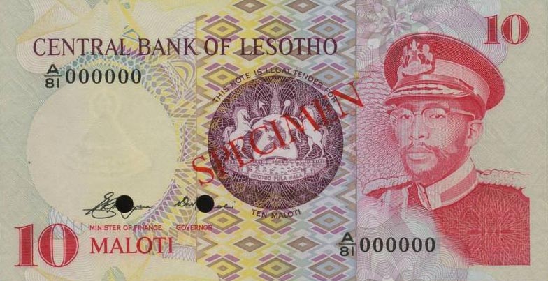 Front of Lesotho p6s1: 10 Maloti from 1981