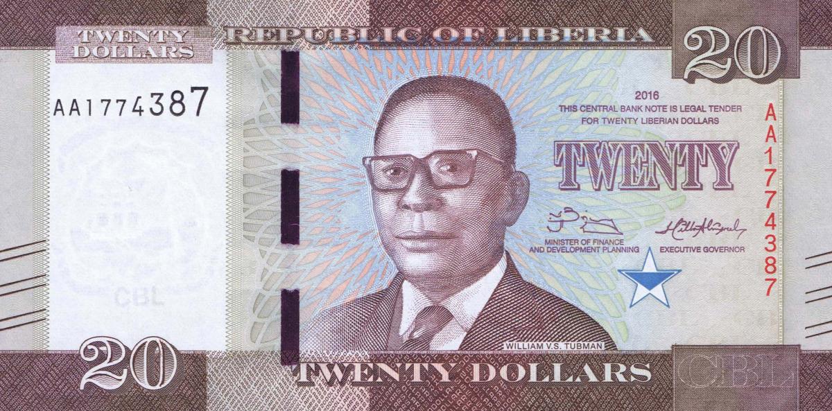 Front of Liberia p33a: 20 Dollars from 2016