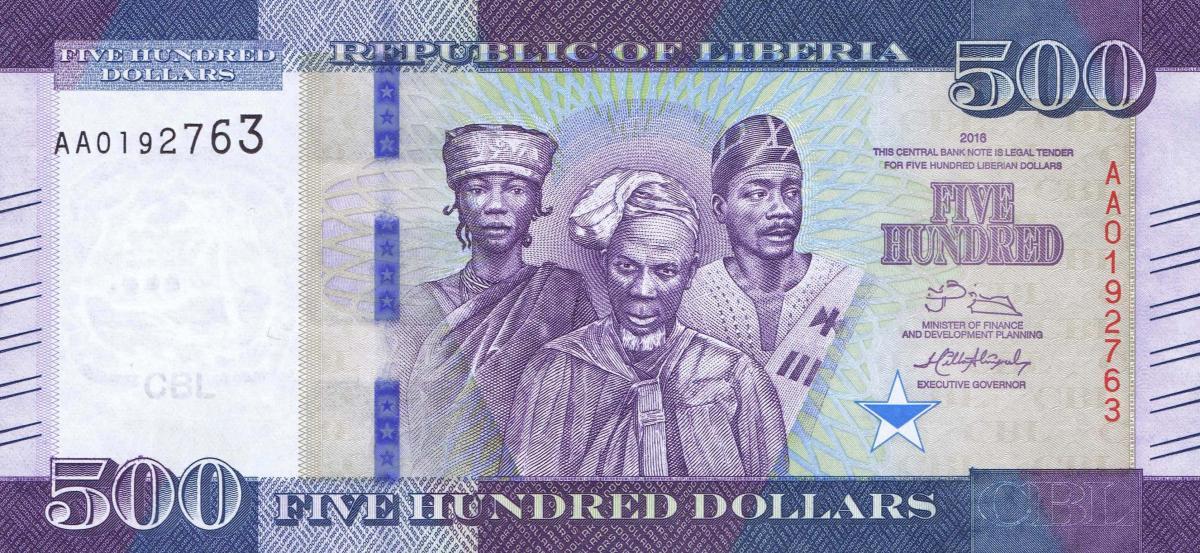 Front of Liberia p36a: 500 Dollars from 2016