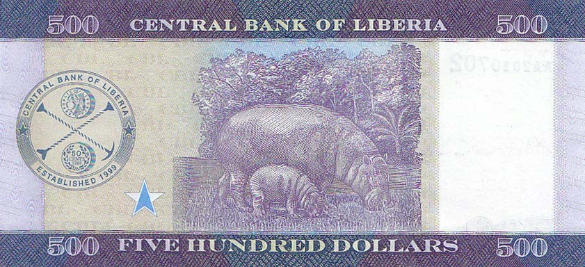 Back of Liberia p36b: 500 Dollars from 2017