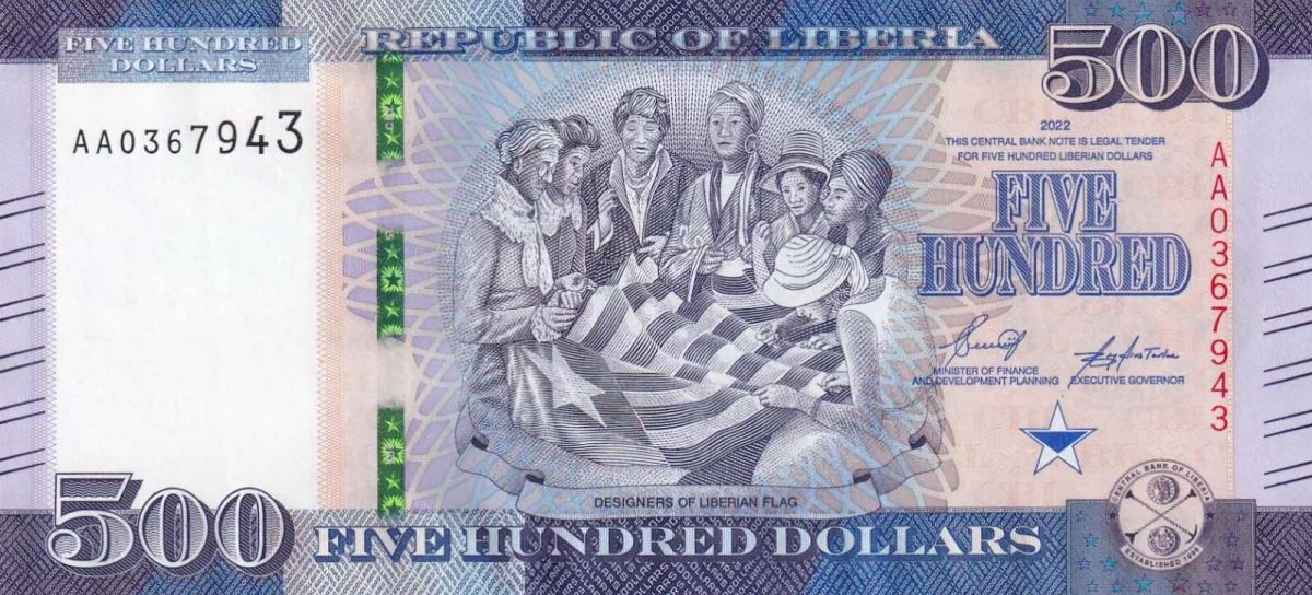Front of Liberia p40a: 500 Dollars from 2022