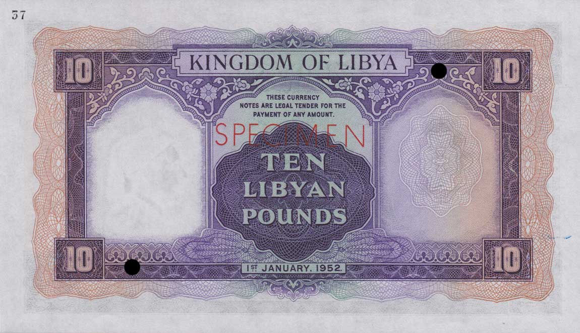 Back of Libya p18ct: 10 Pounds from 1952