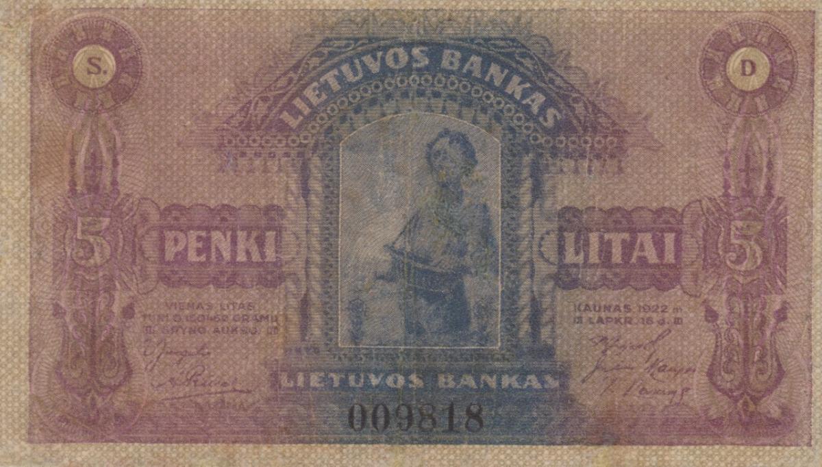 Front of Lithuania p15a: 5 Litai from 1922