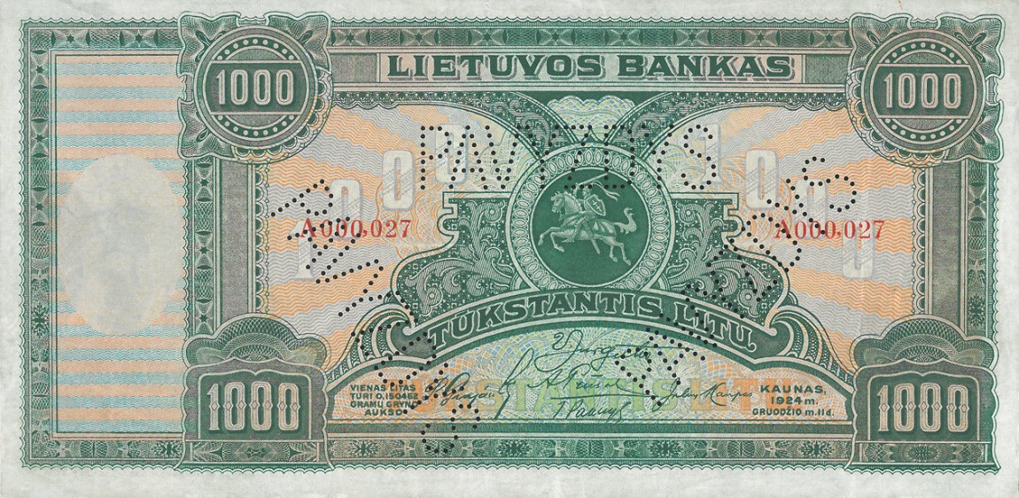 Front of Lithuania p22s1: 1000 Litu from 1924