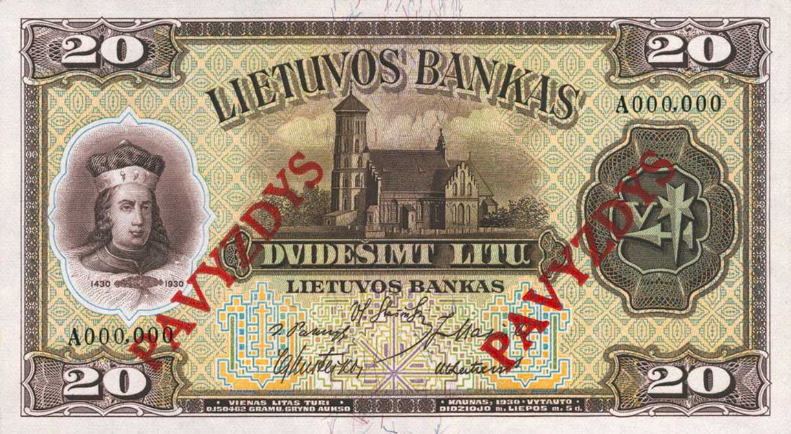 Front of Lithuania p27s2: 20 Litu from 1930