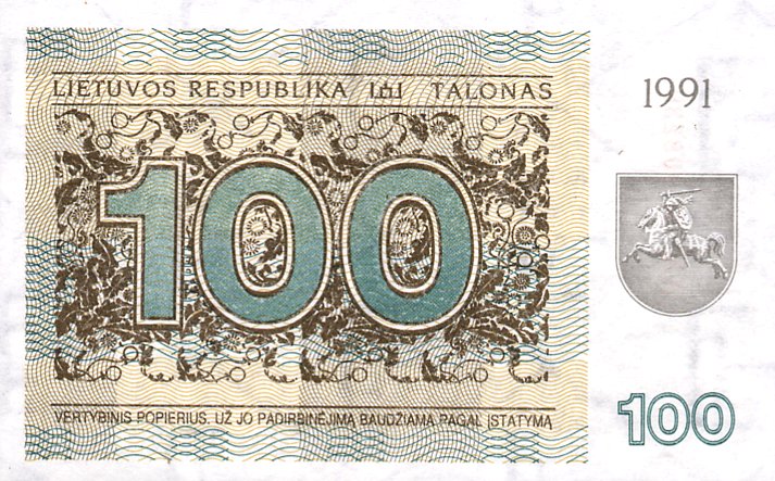 Front of Lithuania p38b: 100 Talonas from 1991