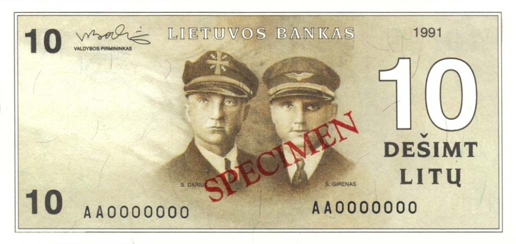 Front of Lithuania p47s: 10 Litu from 1991