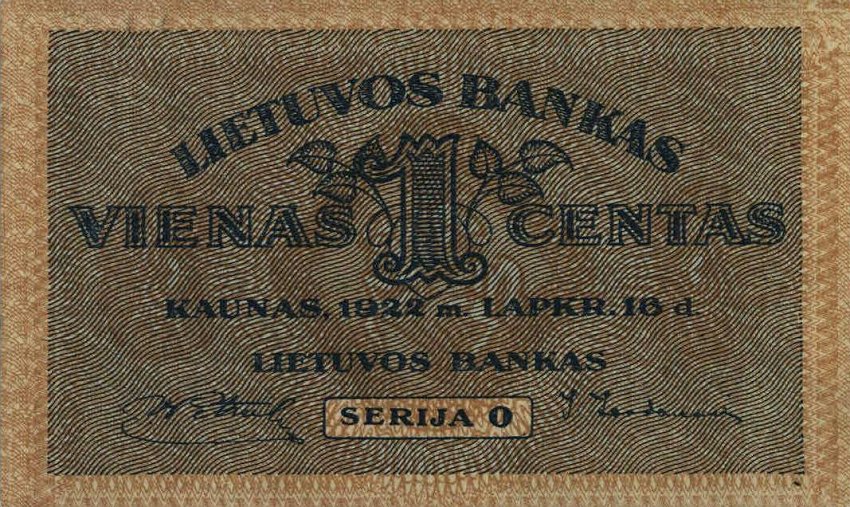 Front of Lithuania p7a: 1 Centa from 1922
