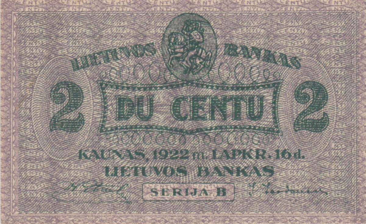 Front of Lithuania p8a: 2 Centu from 1922