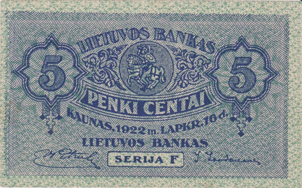 Front of Lithuania p9a: 5 Centai from 1922