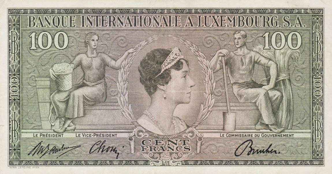 Front of Luxembourg p13a: 100 Francs from 1956